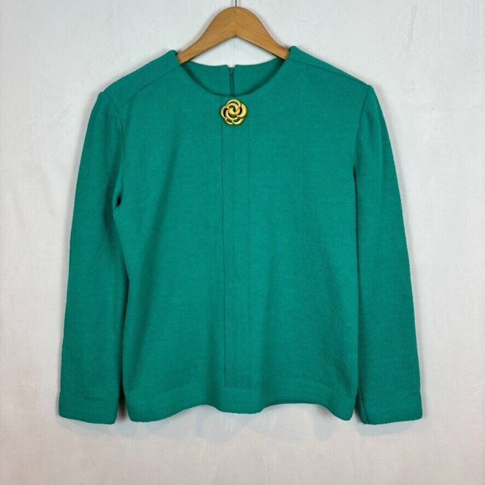 Vintage Castleberry Women's Sea Green Sweater Gold Broach Size 10 Retro 60's‎